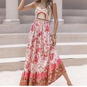Bohemian Floral Maxi Dress with Crochet Detail
